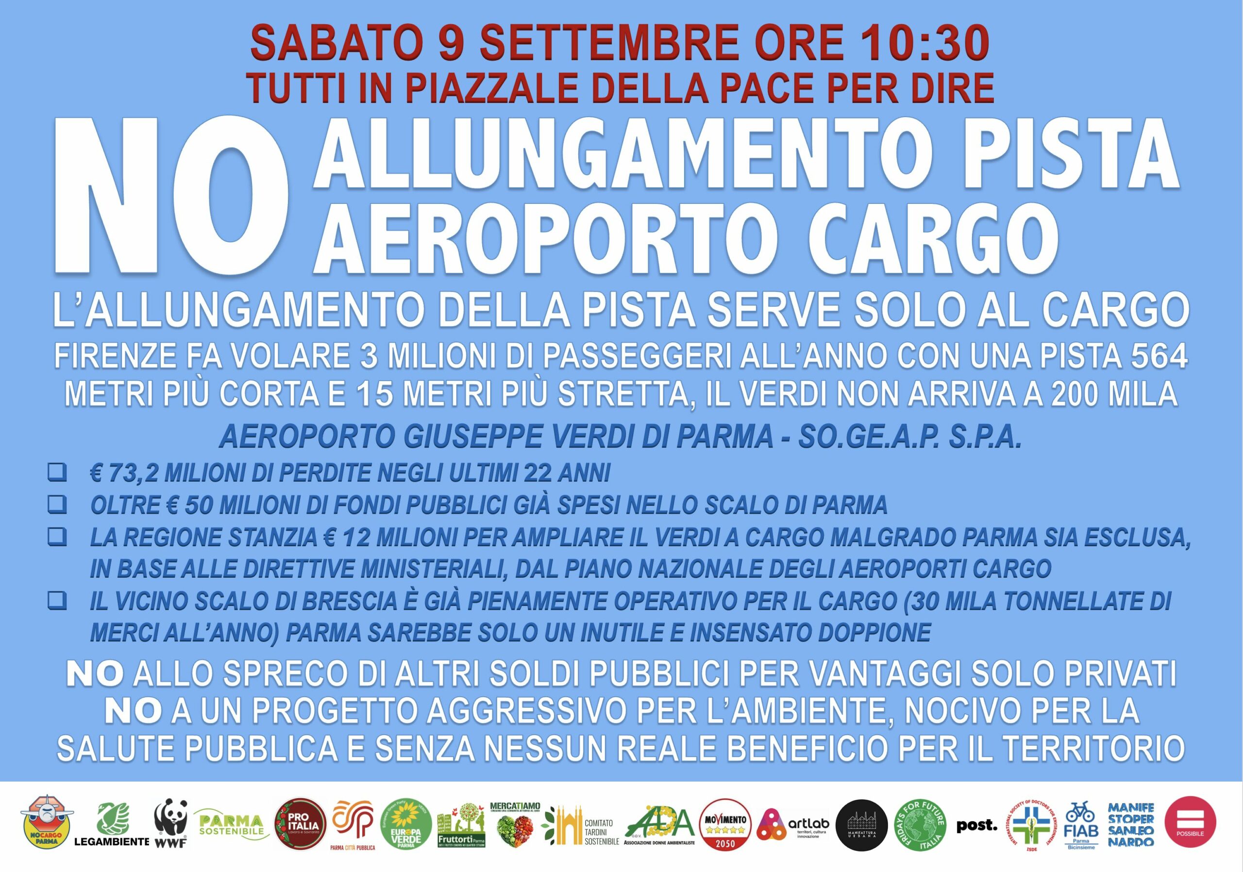 Sabato 9 settembre tutti in piazza a dire NO allungamento pista! NO aeroporto cargo!